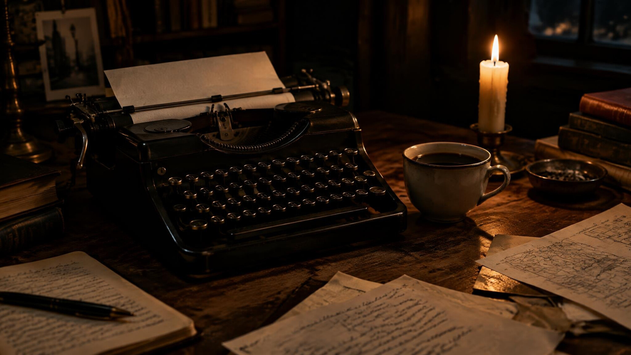 Vintage typewriter on a wooden desk with scattered papers and a lit candle