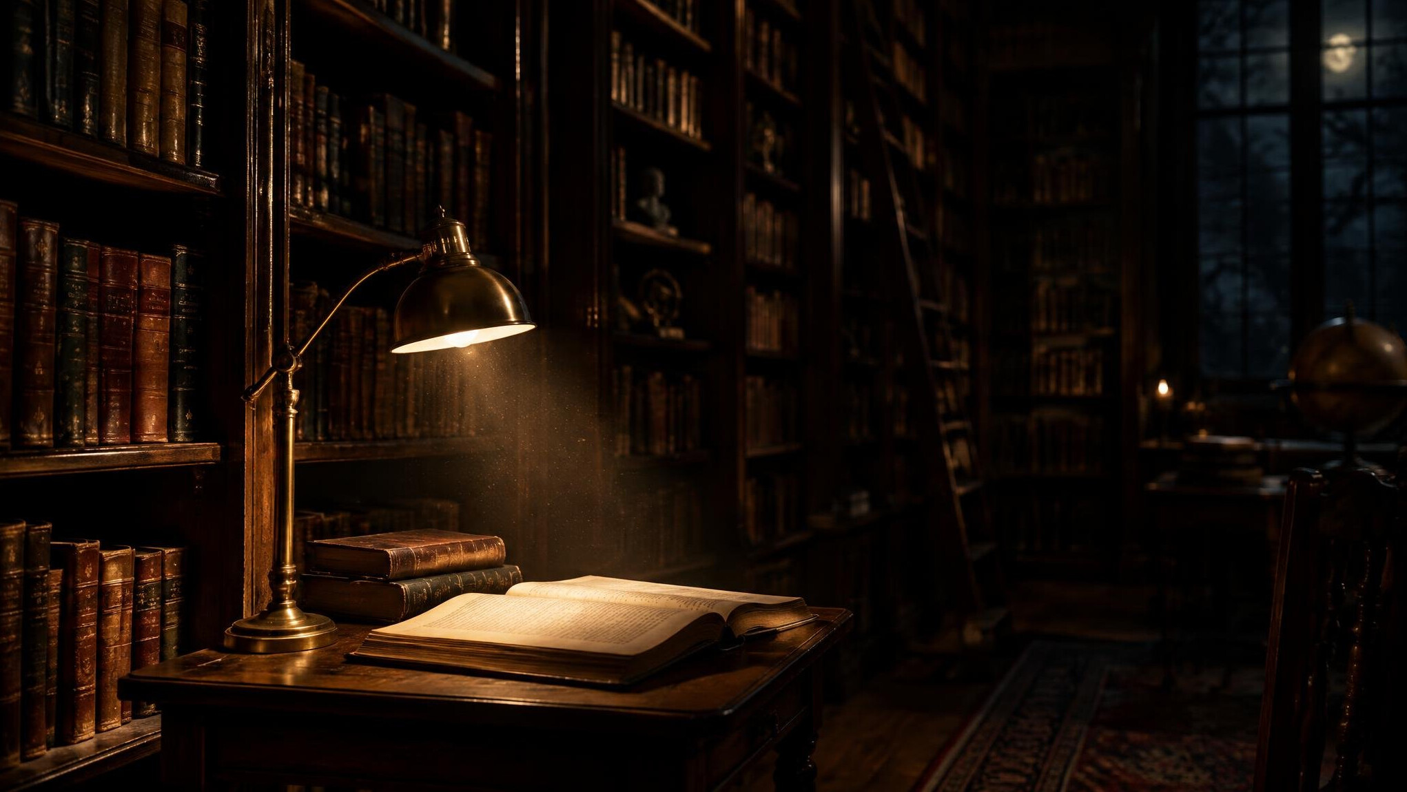 Dark wooden library shelves with an open book under a warm reading lamp