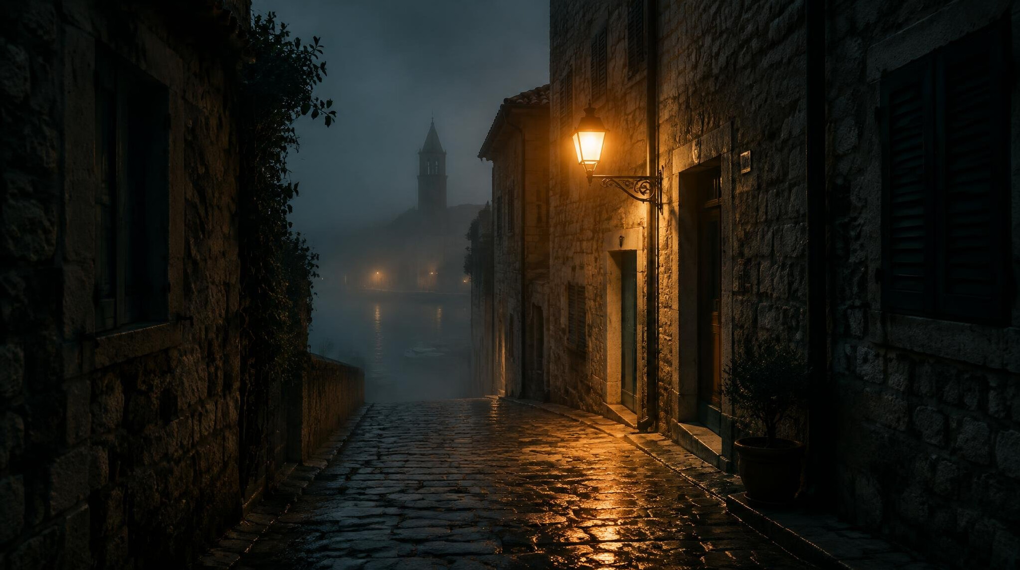 Foggy cobblestone alley in an old European town at night lit by a single street lamp