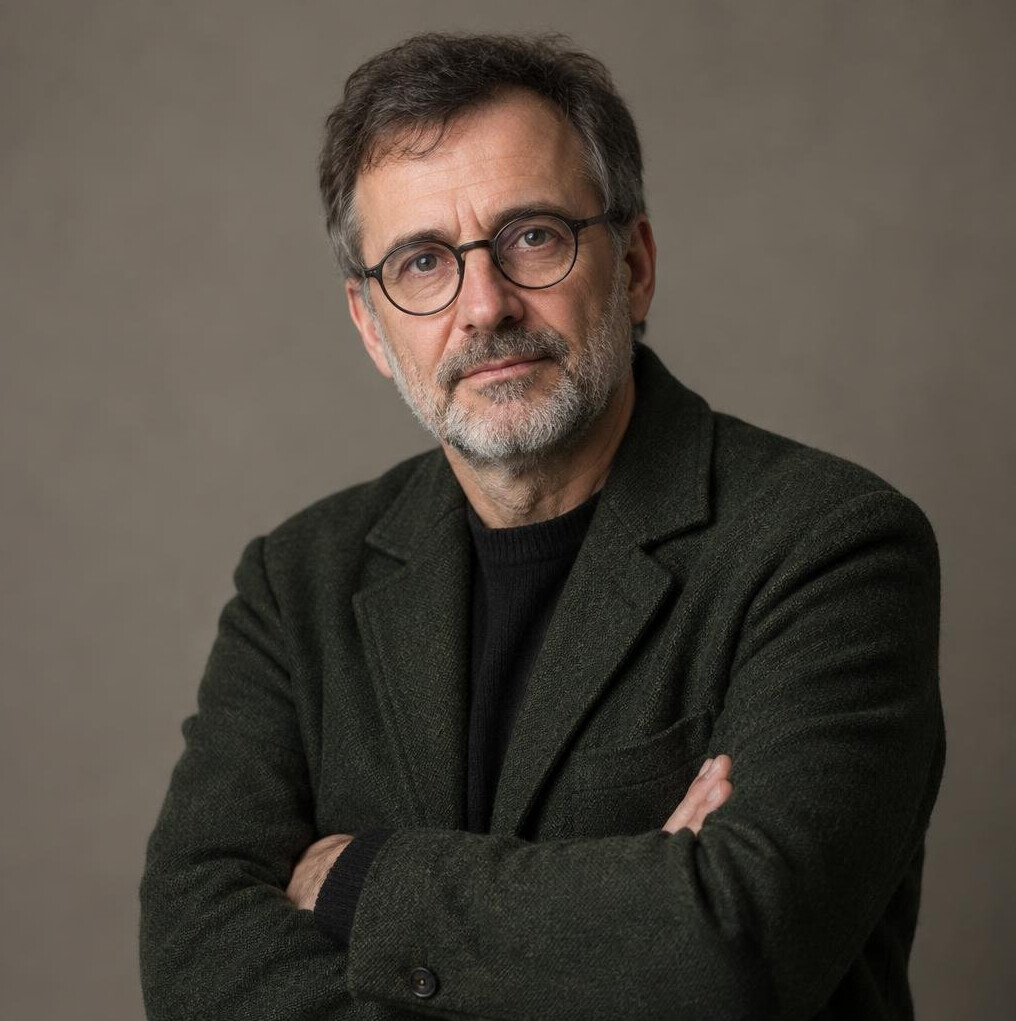 Studio portrait of a middle-aged Croatian male author with a beard, wearing a dark jacket